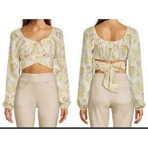 Madden NYC Women’s Floral Print Beige Crop Open Tie Back Long Sleeve Blouse 3XL